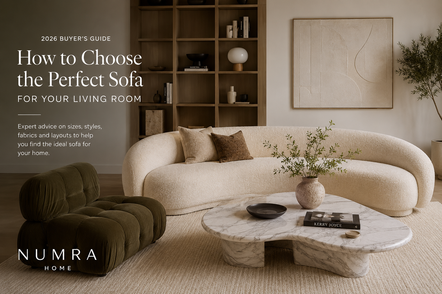 Luxury modern living room with contemporary designer furniture including a curved sofa, marble coffee table and accent chair by Numra Home.